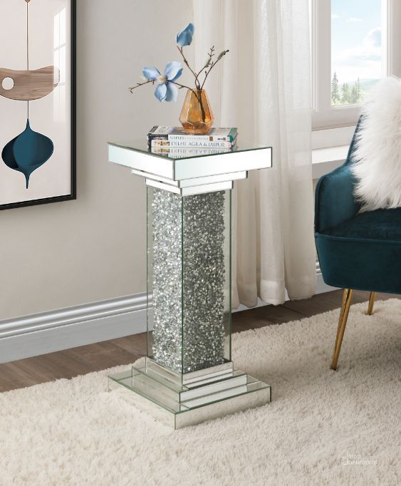 The appearance of Acme Rekha Pedestal In Mirrored And Faux Diamonds designed by ACME in the glam interior design. This mirrored piece of furniture  was selected by 1StopBedrooms from Noralie Collection to add a touch of cosiness and style into your home. Sku: 97940. Material: MDF. Product Type: Pedestal. Image1