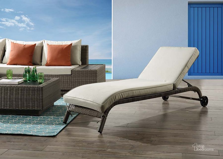The appearance of Acme Salena Patio Sun Lounge In Beige Fabric and Gray Finish OT01094 designed by ACME in the transitional interior design. This beige piece of furniture  was selected by 1StopBedrooms from Salena Collection to add a touch of cosiness and style into your home. Sku: OT01094. Material: Metal. Product Type: Outdoor Lounge Chair. Image1