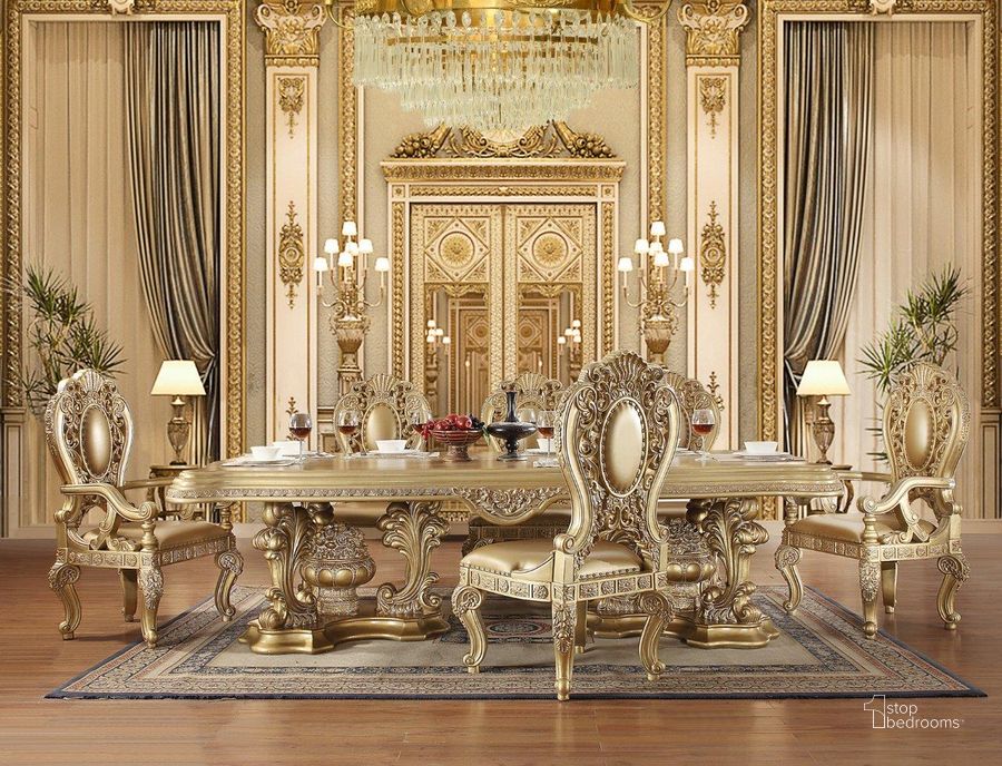 The appearance of Acme Seville Bouble Pedstal Dinning Table In Gold Finish designed by ACME in the transitional interior design. This gold piece of furniture  was selected by 1StopBedrooms from Seville Collection to add a touch of cosiness and style into your home. Sku: DN00457-1;DN00457-2;DN00457-3. Table Base Style: Double Pedestal. Material: Wood. Product Type: Dining Table. Table Top Shape: Rectangular. Size: 106". Image1