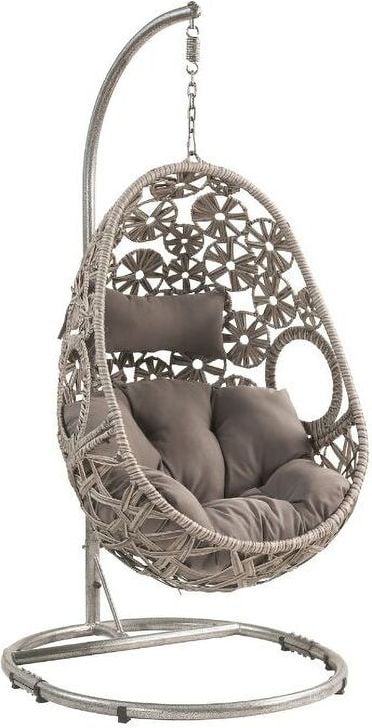 The appearance of Acme Sigar Patio Hanging Chair With Stand In Light Gray Fabric And Wicker designed by ACME in the modern / contemporary interior design. This light gray piece of furniture  was selected by 1StopBedrooms from Sigar Collection to add a touch of cosiness and style into your home. Sku: 45107. Material: Metal. Product Type: Outdoor Chair. Image1