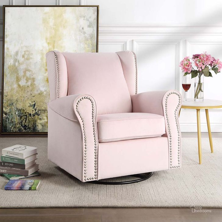 The appearance of Acme Tamaki Swivel Chair With Glider In Pink Fabric designed by ACME in the transitional interior design. This pink piece of furniture  was selected by 1StopBedrooms from Tamaki Collection to add a touch of cosiness and style into your home. Sku: LV00923. Material: Wood. Product Type: Chair. Image1