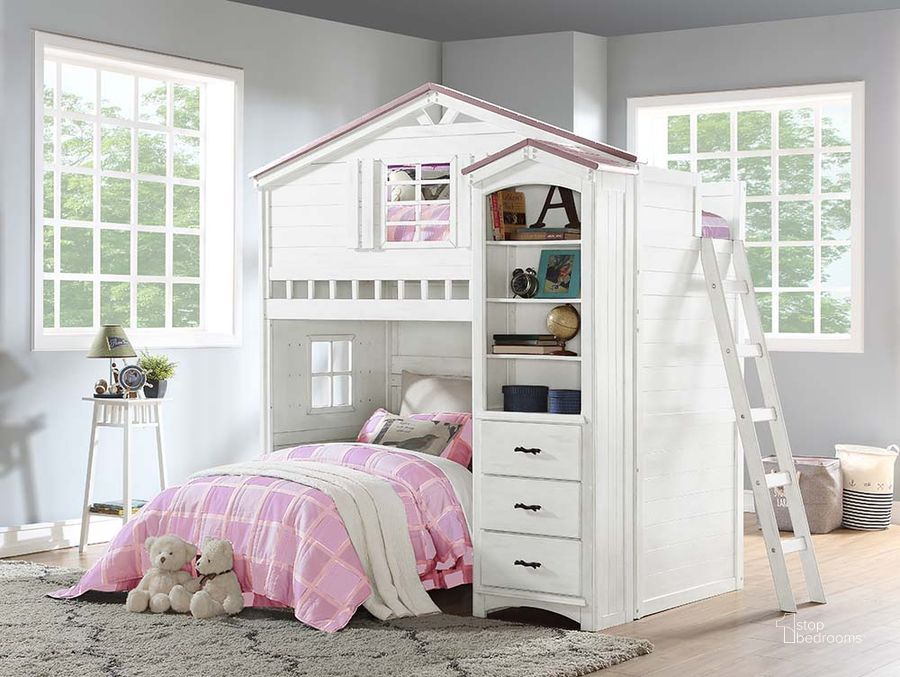 The appearance of Acme Tree House Twin Loft Bed In Pink And White Finish designed by ACME in the country / farmhouse interior design. This pink and white piece of furniture  was selected by 1StopBedrooms from Tree House Collection to add a touch of cosiness and style into your home. Sku: BD01415-1;BD01415-2. Material: Wood. Product Type: Loft Bed. Bed Size: Twin. Bed Type: Loft Bed. Image1