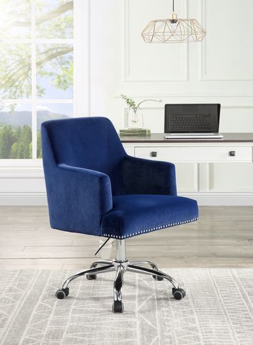 The appearance of Acme Trenerry Office Chair In Blue Velvet and Chrome Finish designed by ACME in the modern / contemporary interior design. This blue piece of furniture  was selected by 1StopBedrooms from Trenerry Collection to add a touch of cosiness and style into your home. Sku: OF00117. Material: Wood. Product Type: Office Chair. Image1