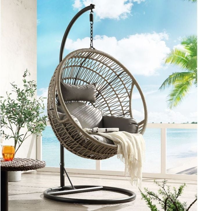 The appearance of Acme Vasant Patio Swing Chair With Stand In Fabric And Rope designed by ACME in the modern / contemporary interior design. This rope piece of furniture  was selected by 1StopBedrooms from Vasant Collection to add a touch of cosiness and style into your home. Sku: 45088BSK;45089BASE;45089POL. Material: Metal. Product Type: Outdoor Chair.