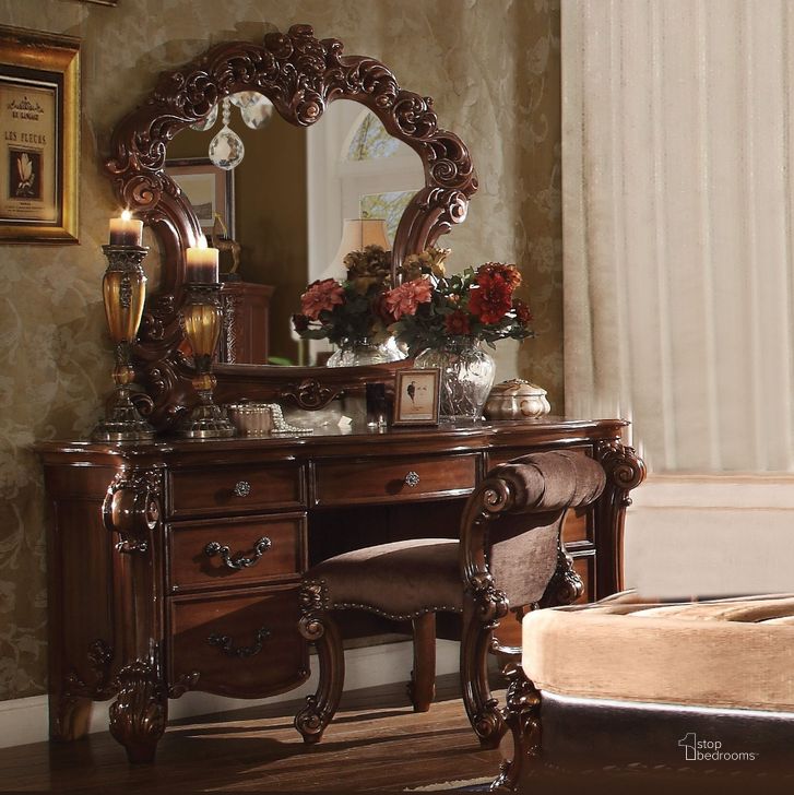 The appearance of Acme Vendome Landscape Mirror with Intricate Details in Cherry designed by ACME in the rustic / southwestern interior design. This cherry piece of furniture  was selected by 1StopBedrooms from Vendome Collection to add a touch of cosiness and style into your home. Sku: 22004. Material: Glass. Product Type: Dresser Mirror. Image1