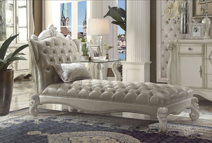 The appearance of Acme Versailles Chaise in Vintage Gray PU and Bone White designed by ACME in the transitional interior design. This white piece of furniture  was selected by 1StopBedrooms from Versailles Collection to add a touch of cosiness and style into your home. Sku: 96542. Product Type: Chaise. Material: Vinyl.