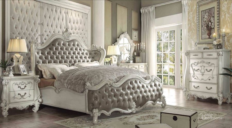The appearance of Acme Versailles Upholstered Bedroom Set in Vintage Gray PU and Bone White designed by ACME in the rustic / southwestern interior design. This gray piece of furniture  was selected by 1StopBedrooms from Versailles Collection to add a touch of cosiness and style into your home. Sku: 21150Q-HB;21151Q-FB;21152Q-R;21133. Bed Type: Panel Bed. Product Type: Panel Bed. Bed Size: Queen. Material: Vinyl. Image1