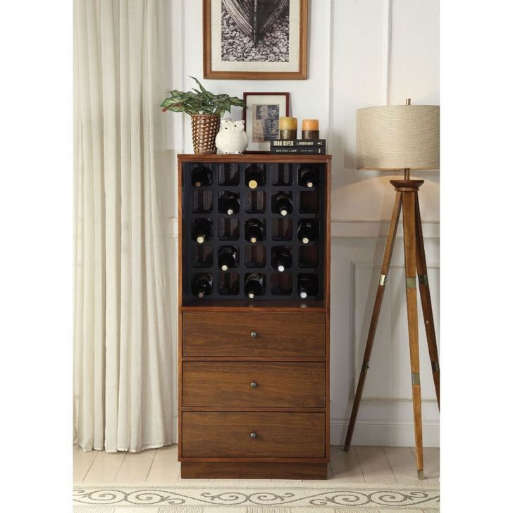 The appearance of Acme Wiesta Wine Cabinet 97542 designed by ACME in the modern / contemporary interior design. This walnut piece of furniture  was selected by 1StopBedrooms from Wiesta Collection to add a touch of cosiness and style into your home. Sku: 97542. Material: Wood. Product Type: Wine Cabinet. Image1