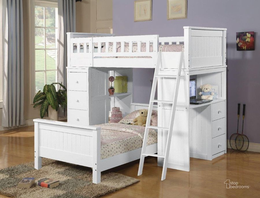 The appearance of Acme Willoughby Twin Loft Bed 10970W designed by ACME in the transitional interior design. This white piece of furniture  was selected by 1StopBedrooms from Willoughby Collection to add a touch of cosiness and style into your home. Sku: 10970W-HF;10971W-RL;10972W-RCH;10973W-LCH. Material: Wood. Product Type: Loft Bed. Bed Size: Twin. Bed Type: Loft Bed. Image1