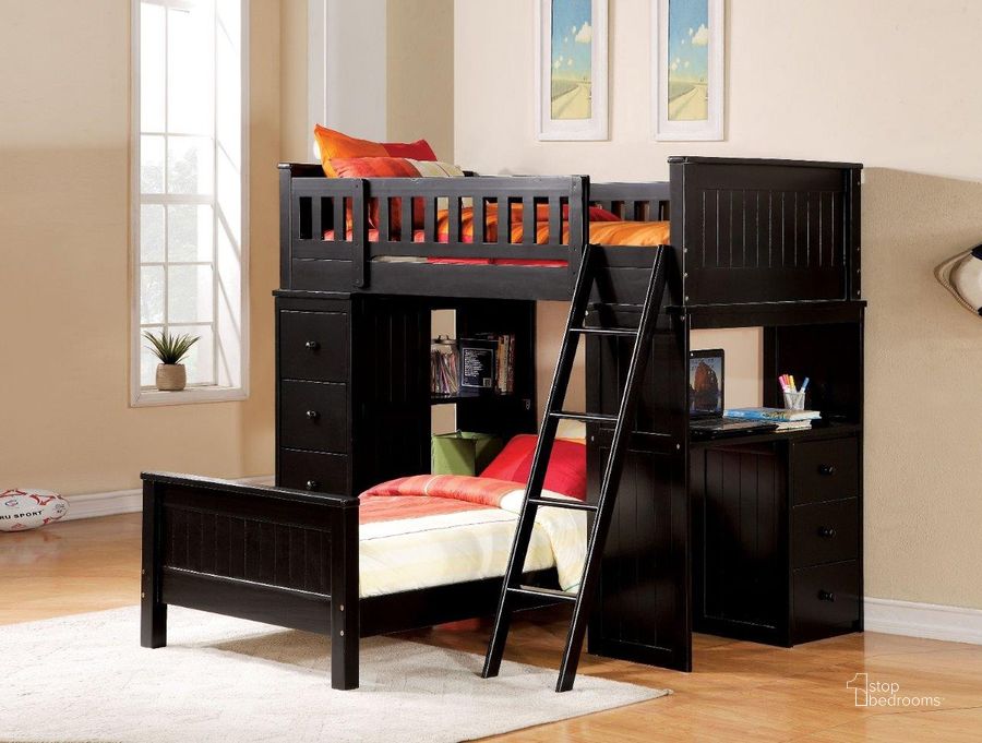 The appearance of Acme Willoughby Twin Loft Bed 10980W designed by ACME in the transitional interior design. This black piece of furniture  was selected by 1StopBedrooms from Willoughby Collection to add a touch of cosiness and style into your home. Sku: 10980W-HF;10981W-RL;10982W-RCH;10983W-LCH. Material: Wood. Product Type: Loft Bed. Bed Size: Twin. Bed Type: Loft Bed. Image1