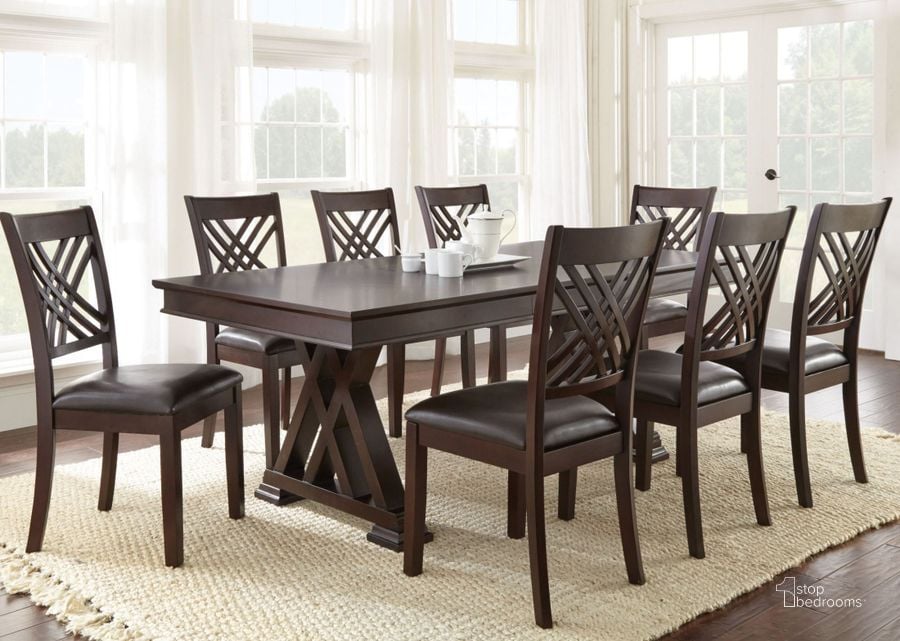 The appearance of Adrian Extendable Rectangular Dining Room Set designed by Steve Silver in the modern / contemporary interior design. This brown piece of furniture  was selected by 1StopBedrooms from Adrian Collection to add a touch of cosiness and style into your home. Sku: AD600B;AD600T;AD600S. Table Base Style: Double Pedestal. Material: Wood. Product Type: Dining Room Set. Table Top Shape: Rectangular. Image1