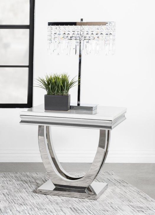 The appearance of Adabella U-Base Square End Table White and Chrome designed by Coaster in the modern / contemporary interior design. This white and chrome piece of furniture  was selected by 1StopBedrooms from Adabella Collection to add a touch of cosiness and style into your home. Sku: 708537B1;708537B2. Product Type: End Table. Material: Stone. Image1