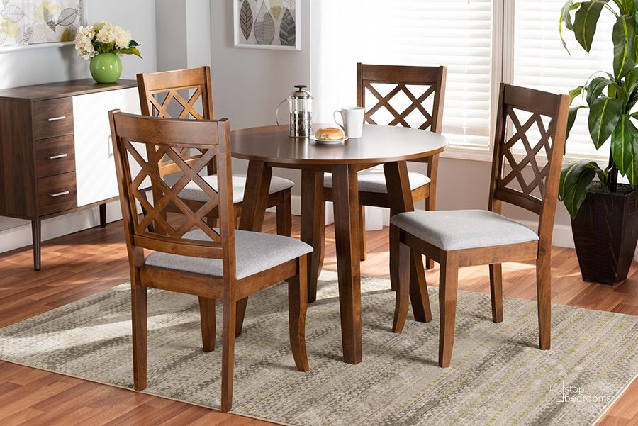The appearance of Adara Modern and Contemporary Grey Fabric Upholstered and Walnut Brown Finished Wood 5-Piece Dining Set designed by Baxton Studio in the modern / contemporary interior design. This walnut piece of furniture  was selected by 1StopBedrooms from Adara Collection to add a touch of cosiness and style into your home. Sku: Adara-Grey/Walnut-5PC Dining Set. Product Type: Dining Room Set. Material: Rubberwood. Image1