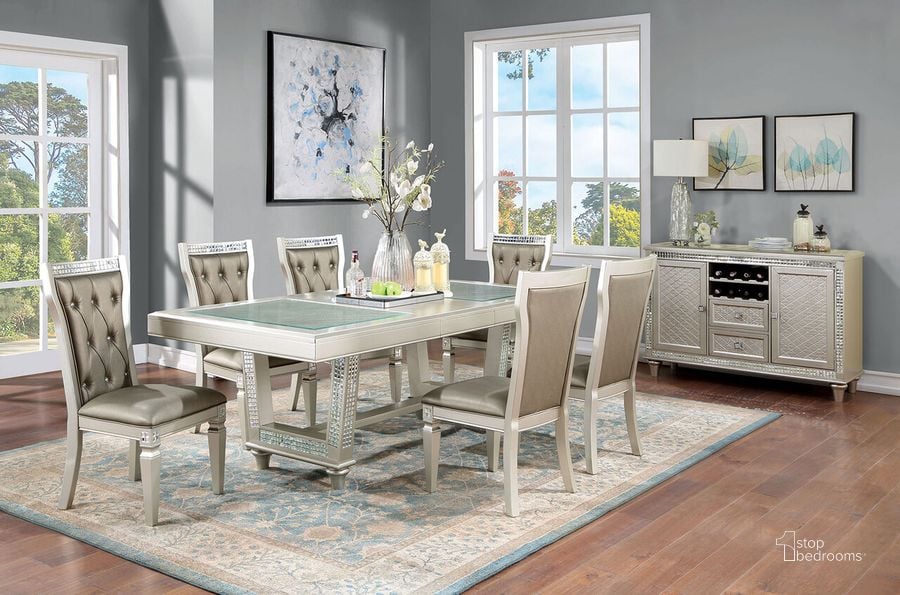 The appearance of Adelina Dining Table In Champagne designed by Furniture of America in the transitional interior design. This champagne piece of furniture  was selected by 1StopBedrooms from Adelina Collection to add a touch of cosiness and style into your home. Sku: CM3158T-1;CM3158T-2. Table Base Style: Double Pedestal. Material: Wood. Product Type: Dining Table. Table Top Shape: Rectangular. Size: 42". Image1