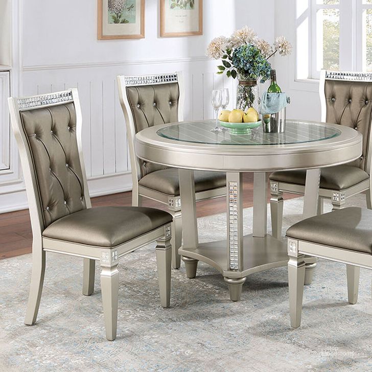 The appearance of Adelina Round Table In Champagne designed by Furniture of America in the transitional interior design. This champagne piece of furniture  was selected by 1StopBedrooms from Adelina Collection to add a touch of cosiness and style into your home. Sku: CM3158RT. Table Base Style: Double Pedestal. Table Top Shape: Round. Material: Wood. Product Type: Dining Table. Size: 48". Image1