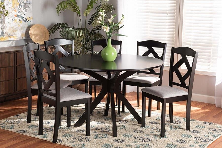 The appearance of Aedan Dark Brown Dining Room Set 0qb24413553 designed by FineForm in the transitional interior design. This dark brown piece of furniture  was selected by 1StopBedrooms from Aedan Collection to add a touch of cosiness and style into your home. Sku: Carlin-Grey/Dark Brown-7PC Dining Set. Product Type: Dining Room Set. Material: MDF. Image1