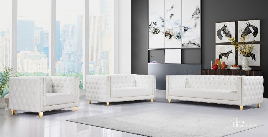 The appearance of Agassiz White Living Room Set designed by Furnique in the modern / contemporary interior design. This white piece of furniture  was selected by 1StopBedrooms from Agassiz Collection to add a touch of cosiness and style into your home. Sku: 651White-S;651White-L. Material: Faux Leather. Product Type: Living Room Set. Image1
