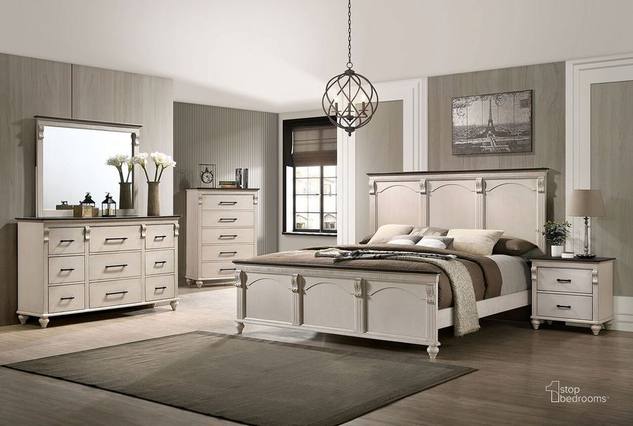 The appearance of Agathon California King Bed In Antique White and Walnut designed by Furniture of America in the transitional interior design. This walnut and white piece of furniture  was selected by 1StopBedrooms from Agathon Collection to add a touch of cosiness and style into your home. Sku: CM7182K-HBFB;CM7182CK-R. Bed Type: Panel Bed. Material: Wood. Product Type: Panel Bed. Bed Size: California King. Image1