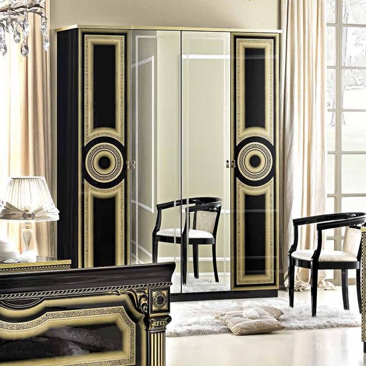 The appearance of Aida 4 Door Wardrobe (Black and Gold) designed by ESF in the traditional interior design. This black piece of furniture  was selected by 1StopBedrooms from Aida Collection to add a touch of cosiness and style into your home. Sku: AIDA4DOORW/DBLACKGOL. Material: MDF. Product Type: Armoires and Wardrobe. Image1