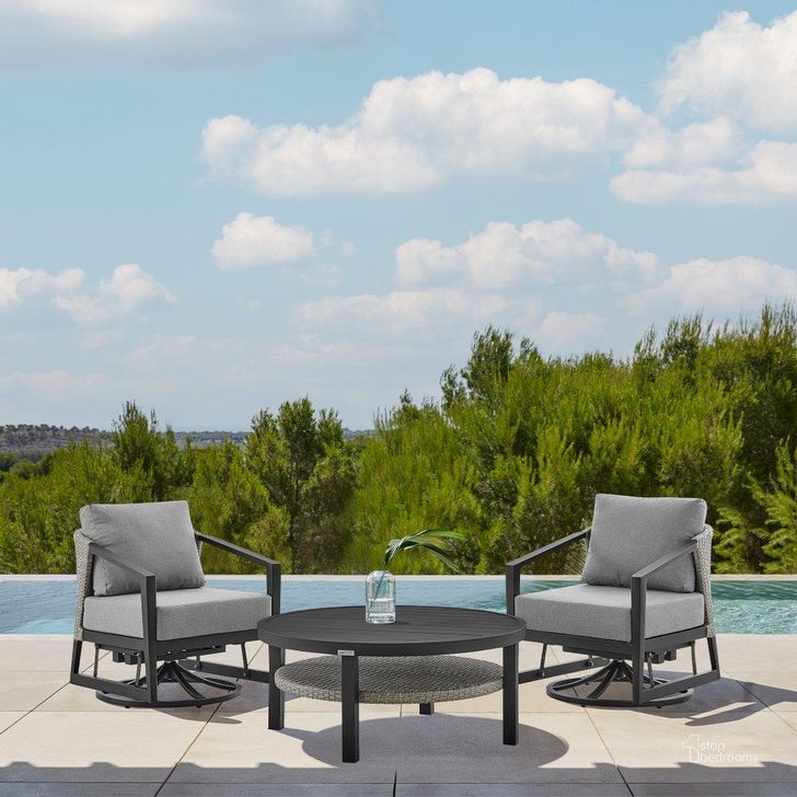 The appearance of Aileen 3 Piece Patio Outdoor Swivel Seating Set In Black Aluminum With Grey Wicker And Cushions designed by Armen Living in the modern / contemporary interior design. This dark grey piece of furniture  was selected by 1StopBedrooms from Aileen Collection to add a touch of cosiness and style into your home. Sku: 840254332645. Material: Aluminum. Product Type: Outdoor Conversation Set. Image1