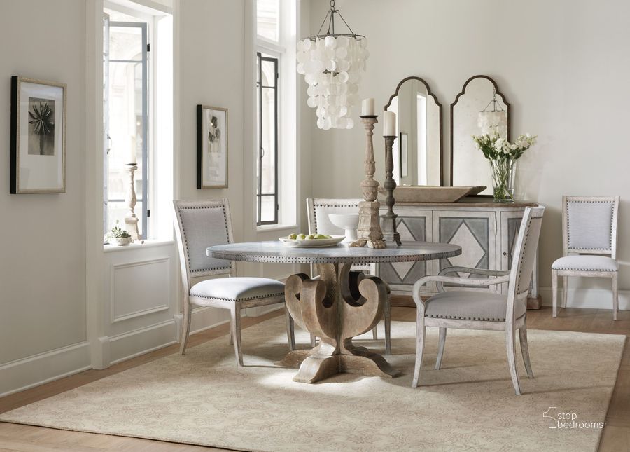 The appearance of Boheme Light Wood Ascension 60 Zinc Round Dining Room Set designed by Hooker in the traditional interior design. This brown piece of furniture  was selected by 1StopBedrooms from Boheme Collection to add a touch of cosiness and style into your home. Sku: 5750-75203B-MWD;5750-75213T-SLV;5750-75411-LTWD. Table Base Style: Pedestal. Table Top Shape: Round. Product Type: Dining Room Set. Material: Poplar.