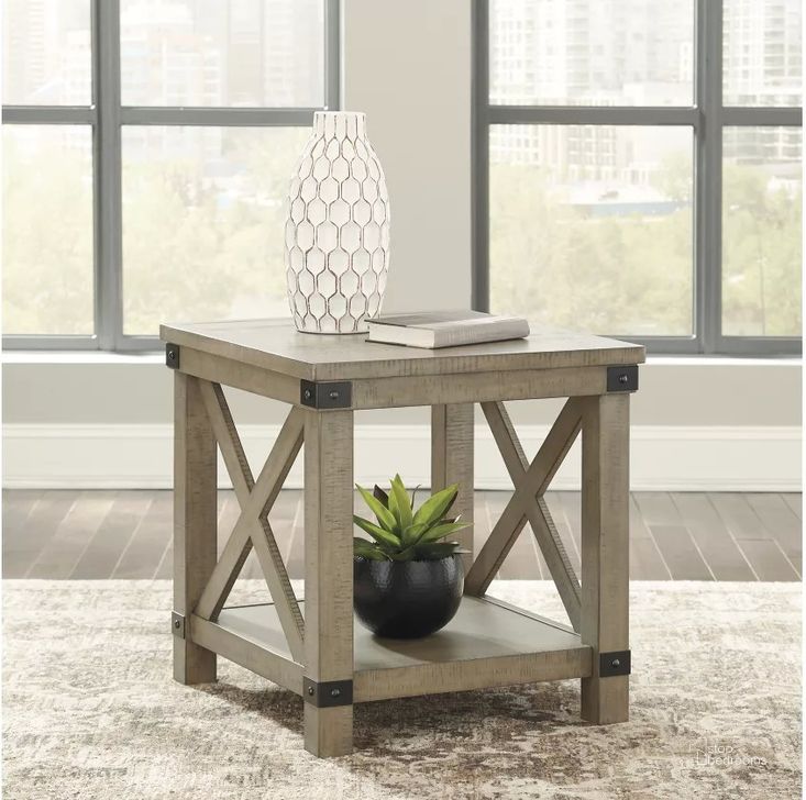 The appearance of Aldwin Gray Rectangular 1 Shelf End Table designed by Signature Design by Ashley in the rustic / southwestern interior design. This gray piece of furniture  was selected by 1StopBedrooms from Aldwin Collection to add a touch of cosiness and style into your home. Sku: T457-3. Material: Wood. Product Type: End Table. Image1