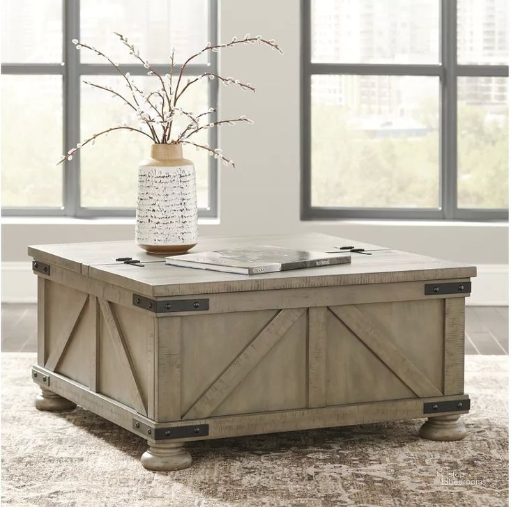 The appearance of Aldwin Gray Storage Cocktail Table designed by Signature Design by Ashley in the rustic / southwestern interior design. This gray piece of furniture  was selected by 1StopBedrooms from Aldwin Collection to add a touch of cosiness and style into your home. Sku: T457-20. Material: Wood. Product Type: Cocktail Table. Image1