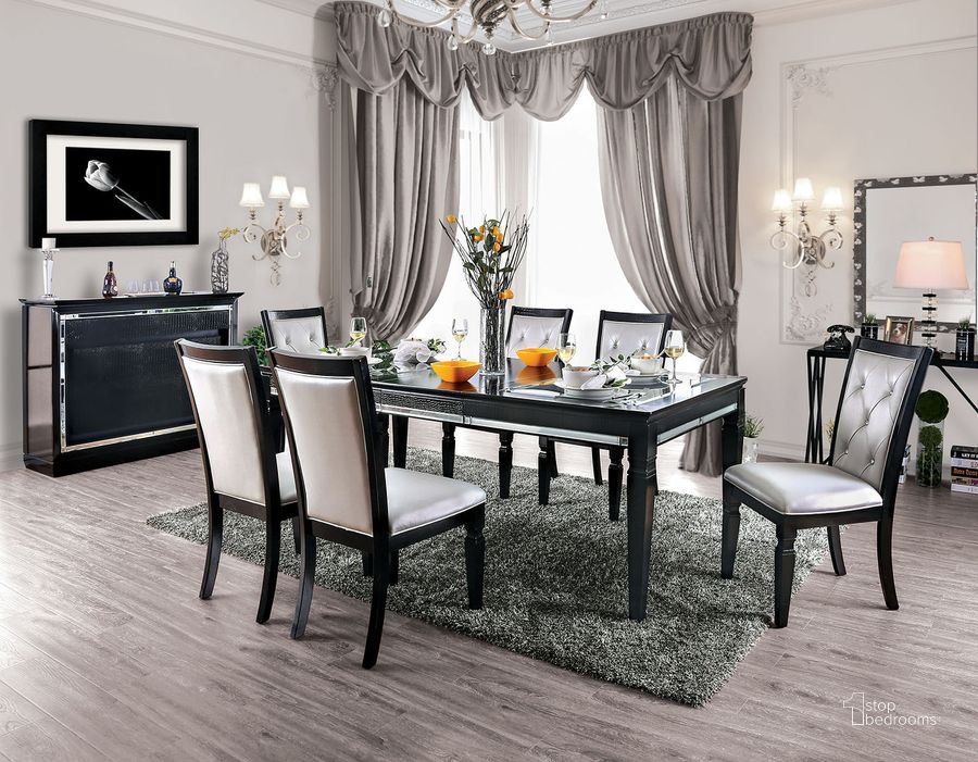The appearance of Alena Dining Table In Black and Silver designed by Furniture of America in the transitional interior design. This black/silver piece of furniture  was selected by 1StopBedrooms from Alena Collection to add a touch of cosiness and style into your home. Sku: CM3452BK-T. Table Base Style: Legs. Material: Wood. Product Type: Dining Table. Table Top Shape: Rectangular. Size: 42.