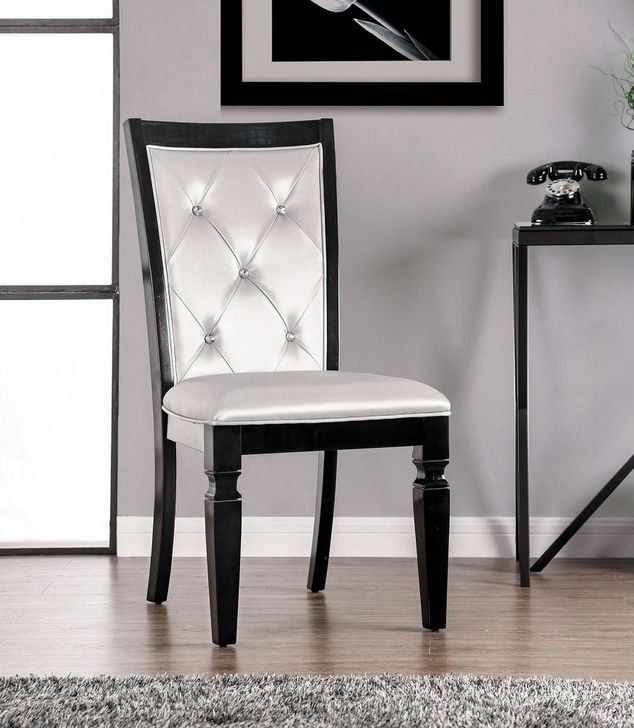 The appearance of Alena Side Chair Set of 2 In Black and Silver designed by Furniture of America in the transitional interior design. This black/silver piece of furniture  was selected by 1StopBedrooms from Alena Collection to add a touch of cosiness and style into your home. Sku: CM3452BK-SC-2PK. Material: Wood. Product Type: Side Chair.