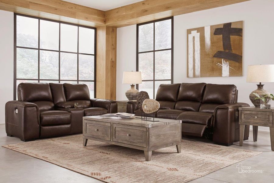 The appearance of Alessandro Power Reclining Living Room Set In Walnut designed by Signature Design by Ashley in the modern / contemporary interior design. This walnut piece of furniture  was selected by 1StopBedrooms from Alessandro Collection to add a touch of cosiness and style into your home. Sku: U2550215;U2550218. Product Type: Living Room Set. Image1