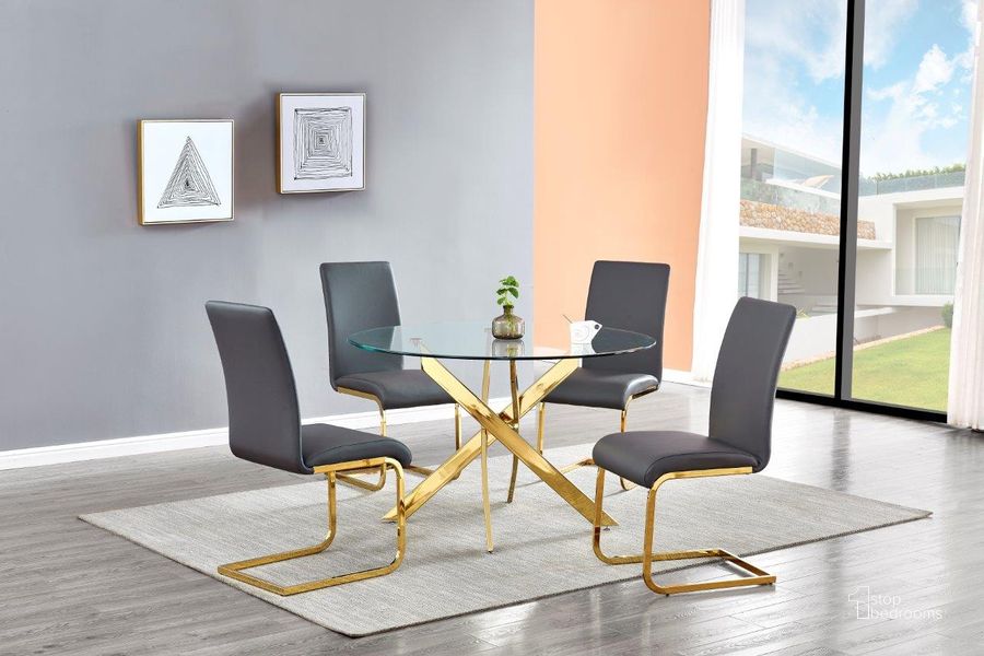 The appearance of Alison 5 Piece Modern Glass Top Dinette Set In Gray And Gold designed by Best Master Furniture in the modern / contemporary interior design. This gray and gold piece of furniture  was selected by 1StopBedrooms from Alison Collection to add a touch of cosiness and style into your home. Sku: T01GG5. Material: Glass. Product Type: Dining Room Set.
