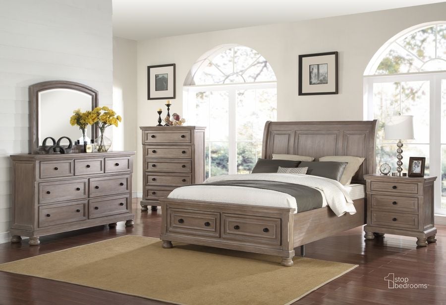 The appearance of Allegra Pewter Storage Sleigh Bedroom Set designed by New Classic in the transitional interior design. This brown piece of furniture  was selected by 1StopBedrooms from Allegra Collection to add a touch of cosiness and style into your home. Sku: B2159-310;B2159-328;B2159-330;B2159-040. Bed Type: Storage Bed. Material: Wood. Product Type: Storage Bed. Bed Size: Queen. Image1