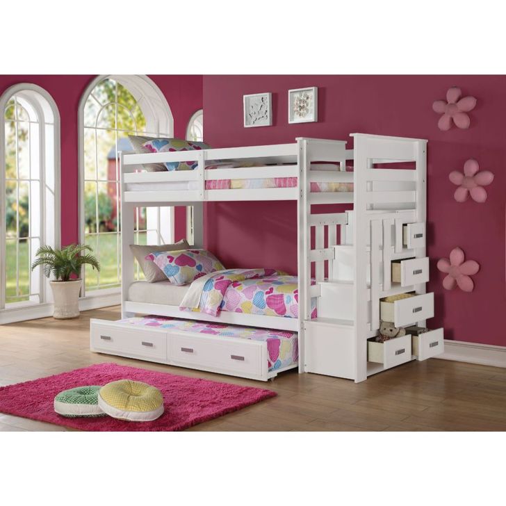 The appearance of Allentown White Twin Over Twin Bunk Bed with Trundle designed by ACME in the transitional interior design. This white piece of furniture  was selected by 1StopBedrooms from Allentown Collection to add a touch of cosiness and style into your home. Sku: 37370HF;37371DR;37372RL;37373TRN. Bed Type: Bunk Bed. Material: Wood. Product Type: Bunk Bed. Bed Size: Twin Over Twin. Image1