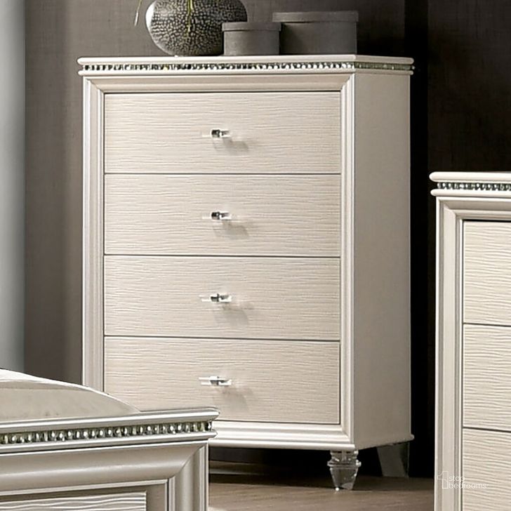 The appearance of Allie Chest In Pearl White designed by Furniture of America in the modern / contemporary interior design. This pearl white piece of furniture  was selected by 1StopBedrooms from Allie Collection to add a touch of cosiness and style into your home. Sku: CM7901C. Product Type: Chest. Material: Acrylic. Image1