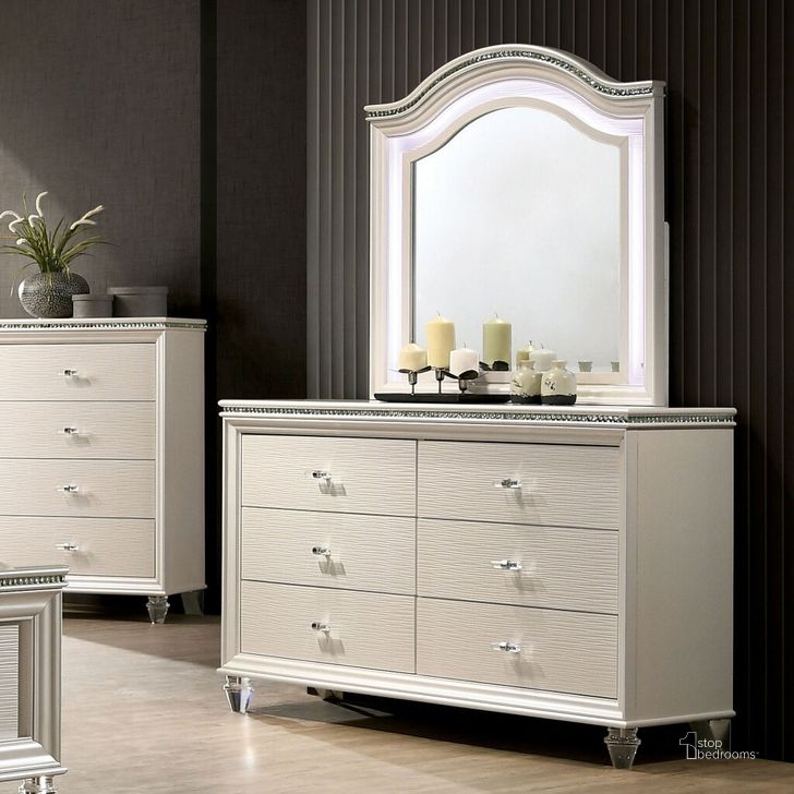 The appearance of Allie Dresser In Pearl White designed by Furniture of America in the modern / contemporary interior design. This pearl white piece of furniture  was selected by 1StopBedrooms from Allie Collection to add a touch of cosiness and style into your home. Sku: CM7901D. Product Type: Dresser. Material: Acrylic. Image1
