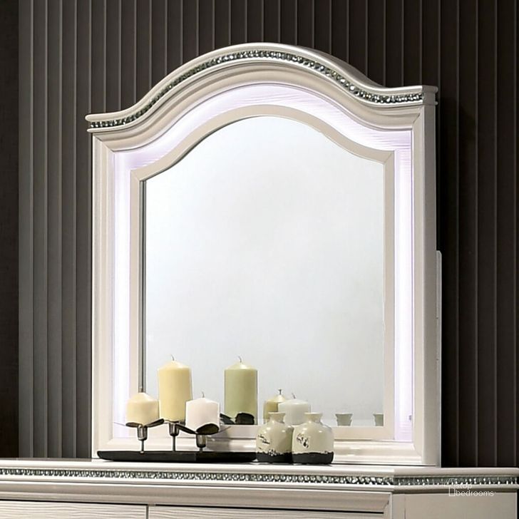 The appearance of Allie Mirror In Pearl White designed by Furniture of America in the modern / contemporary interior design. This pearl white piece of furniture  was selected by 1StopBedrooms from Allie Collection to add a touch of cosiness and style into your home. Sku: CM7901M. Product Type: Mirror. Material: Acrylic.