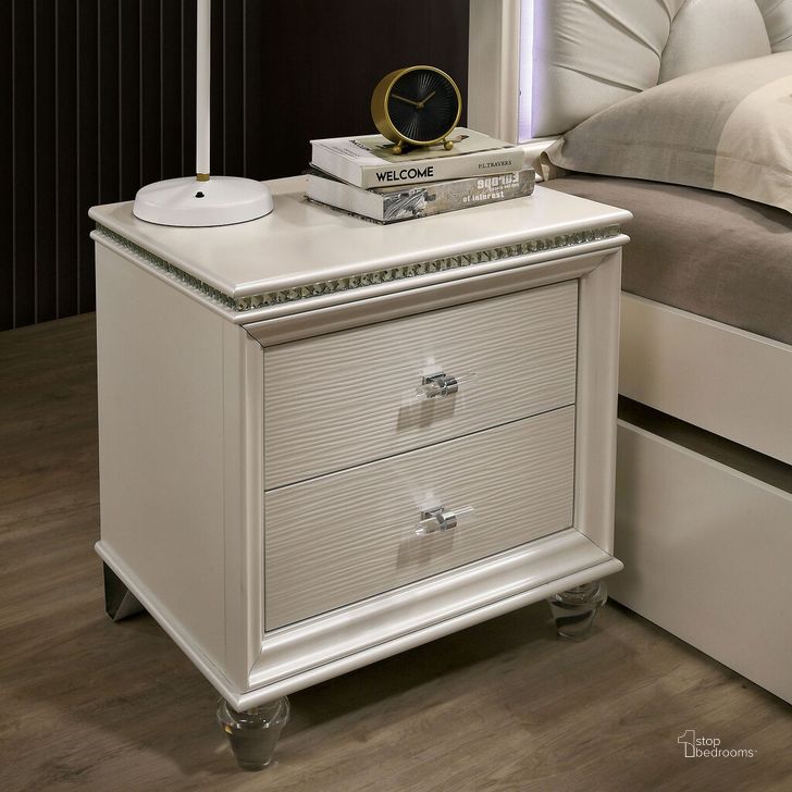 The appearance of Allie Night Stand In Pearl White designed by Furniture of America in the modern / contemporary interior design. This pearl white piece of furniture  was selected by 1StopBedrooms from Allie Collection to add a touch of cosiness and style into your home. Sku: CM7901N. Product Type: Nightstand. Material: Acrylic. Image1