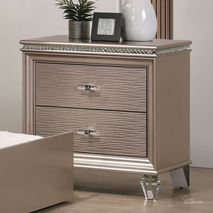 The appearance of Allie Night Stand In Rose Gold designed by Furniture of America in the modern / contemporary interior design. This rose gold piece of furniture  was selected by 1StopBedrooms from Allie Collection to add a touch of cosiness and style into your home. Sku: CM7901RG-N. Product Type: Nightstand. Material: Acrylic. Image1