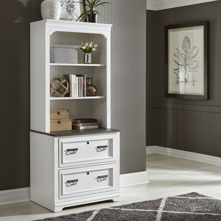 The appearance of Allyson Park Wirebrushed White Bunching Lateral File Cabinet with Hutch designed by Liberty in the country / farmhouse interior design. This white piece of furniture  was selected by 1StopBedrooms from Allyson Park Collection to add a touch of cosiness and style into your home. Sku: 417-HO147;417-HO135. Product Type: Filing Cabinets and Storage. Image1