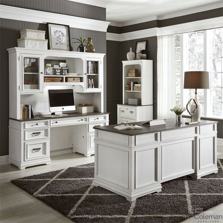 The appearance of Allyson Park Wirebrushed White Jr Executive Home Office Set designed by Liberty in the transitional interior design. This white and brown piece of furniture  was selected by 1StopBedrooms from Allyson Park Collection to add a touch of cosiness and style into your home. Sku: 417-HO120T;417-HO120B;417-HO120T;417-HO120B. Product Type: Home Office Set. Material: Pine. Image1