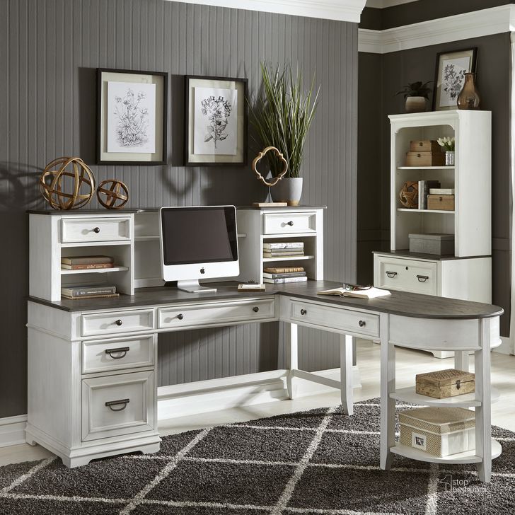 The appearance of Allyson Park Wirebrushed White L Shaped Home Office Set designed by Liberty in the transitional interior design. This white and brown piece of furniture  was selected by 1StopBedrooms from Allyson Park Collection to add a touch of cosiness and style into your home. Sku: 417-HO111B;417-HO111T;417-HO121;417-HO140;417-HO147. Product Type: Home Office Set. Material: Pine. Image1