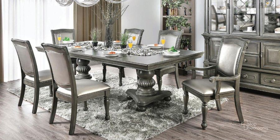 The appearance of Alpena Dining Room Set (Gray) designed by Furniture of America in the traditional interior design. This gray piece of furniture  was selected by 1StopBedrooms from Alpena Collection to add a touch of cosiness and style into your home. Sku: CM3350GY-T-1;CM3350GY-T-2;CM3350GY-SC-2PK. Table Base Style: Double Pedestal. Material: Wood. Product Type: Dining Room Set. Table Top Shape: Rectangular. Image1