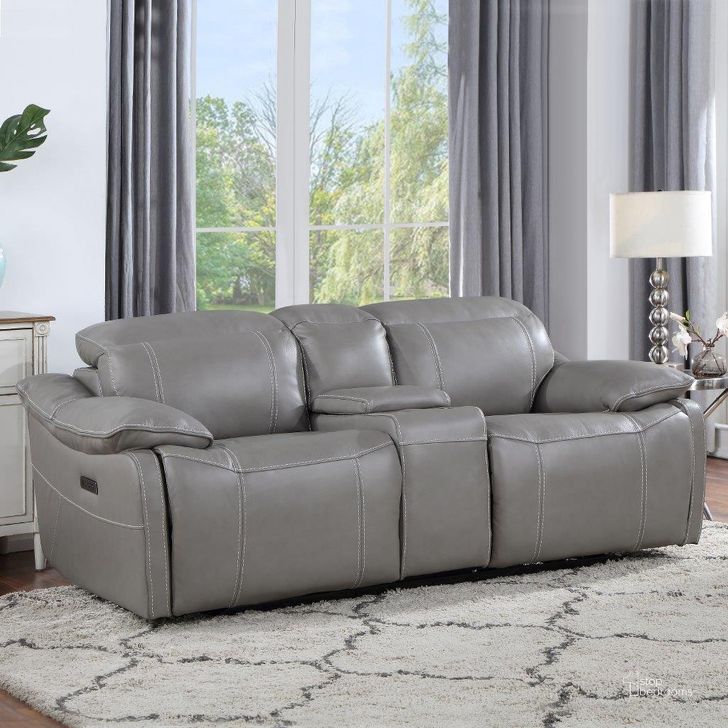 The appearance of Alpine Smoke Leather Power Console Loveseat designed by Steve Silver in the traditional interior design. This smoke piece of furniture  was selected by 1StopBedrooms from Alpine Collection to add a touch of cosiness and style into your home. Sku: AL950CLW. Material: Leather. Product Type: Loveseat. Image1
