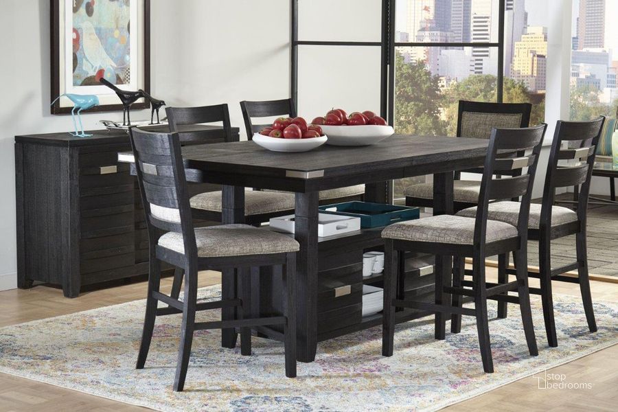 The appearance of Altamonte Dark Charcoal Grey Rectangle Adjustable Extendable Counter Height Dining Room Set designed by Jofran in the modern / contemporary interior design. This gray piece of furniture  was selected by 1StopBedrooms from Altamonte Collection to add a touch of cosiness and style into your home. Sku: 1851-72;1851-420KD. Table Base Style: Pedestal. Material: Wood. Product Type: Dining Room Set. Table Top Shape: Rectangular. Image1