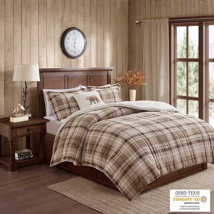 The appearance of Alton Polyester Plush To Sherpa King Comforter Set In Tan Plaid designed by Olliix in the cabin / lodge interior design. This tan plaid piece of furniture  was selected by 1StopBedrooms from Alton Collection to add a touch of cosiness and style into your home. Sku: WR10-3328. Material: Polyester. Bed Size: King. Product Type: Comforter Set. Image1