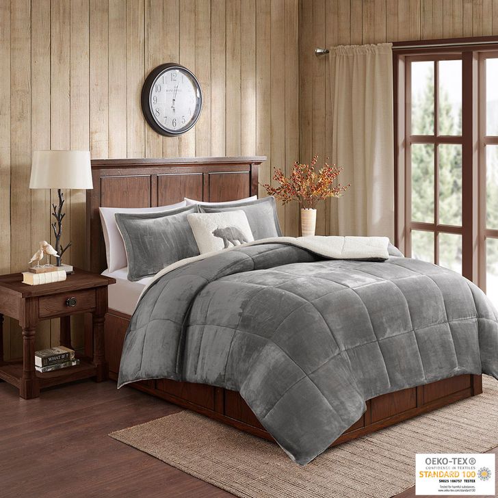 The appearance of Alton Polyester Solid Low Pile Velour To Berber Queen Comforter Set In Charcoal/Ivory designed by Olliix in the cabin / lodge interior design. This charcoal/ivory piece of furniture  was selected by 1StopBedrooms from Alton Collection to add a touch of cosiness and style into your home. Sku: WR10-2887. Material: Polyester. Bed Size: Queen. Product Type: Comforter Set. Image1
