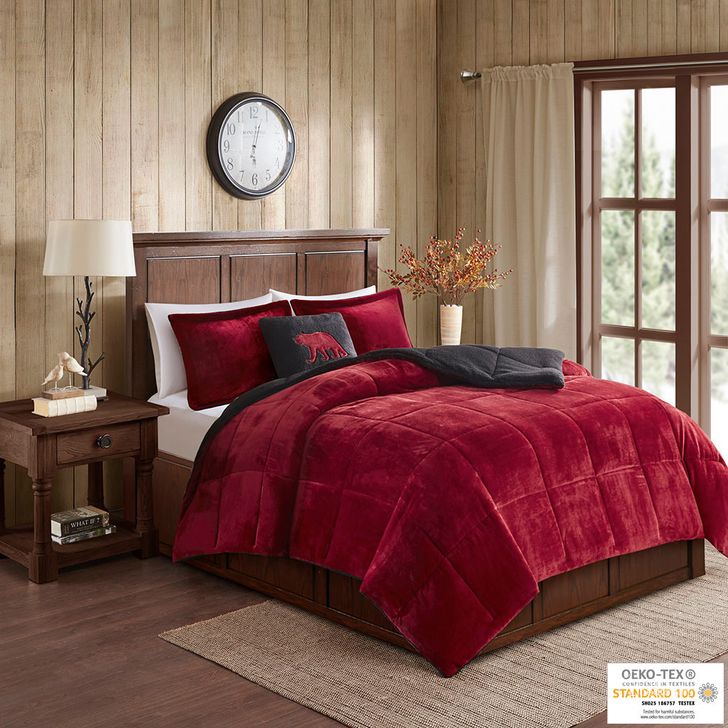 The appearance of Alton Polyester Solid Velour To Berber King Comforter Set In Red/Black designed by Olliix in the cabin / lodge interior design. This red/black piece of furniture  was selected by 1StopBedrooms from Alton Collection to add a touch of cosiness and style into your home. Sku: WR10-2066. Material: Fabric. Bed Size: King. Product Type: Comforter Set. Image1