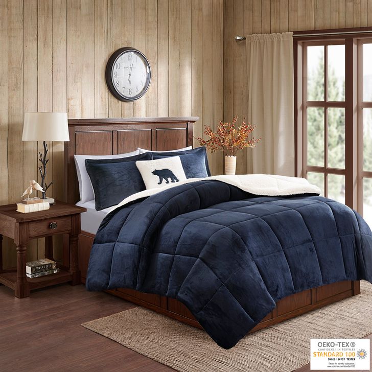 The appearance of Alton Polyester Solid Velour To Berber Queen Comforter Set In Navy/Ivory designed by Olliix in the cabin / lodge interior design. This navy/ivory piece of furniture  was selected by 1StopBedrooms from Alton Collection to add a touch of cosiness and style into your home. Sku: WR10-2414. Material: Polyester. Bed Size: Queen. Product Type: Comforter Set. Image1