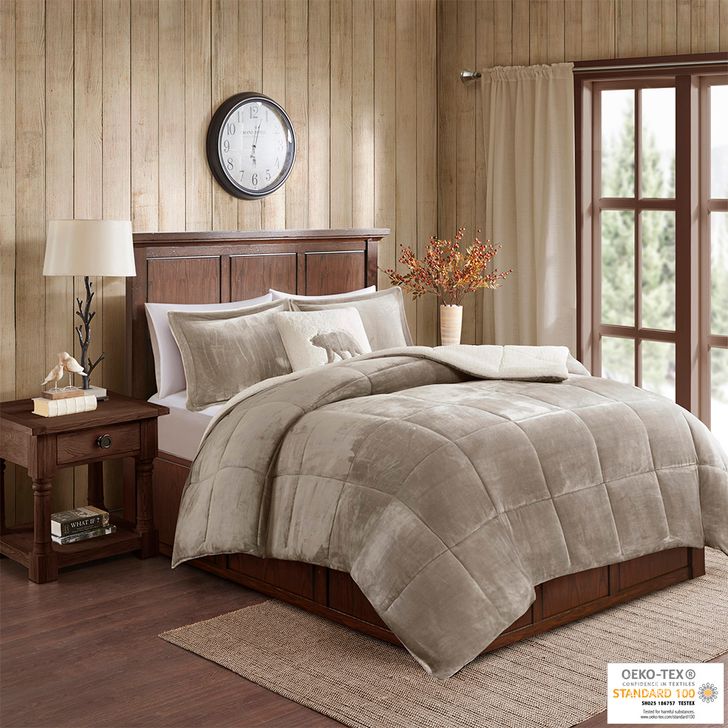 The appearance of Alton Polyester Solid Velour To Berber King Comforter Set In Taupe/Ivory designed by Olliix in the cabin / lodge interior design. This taupe/ivory piece of furniture  was selected by 1StopBedrooms from Alton Collection to add a touch of cosiness and style into your home. Sku: WR10-2418. Material: Polyester. Bed Size: King. Product Type: Comforter Set. Image1
