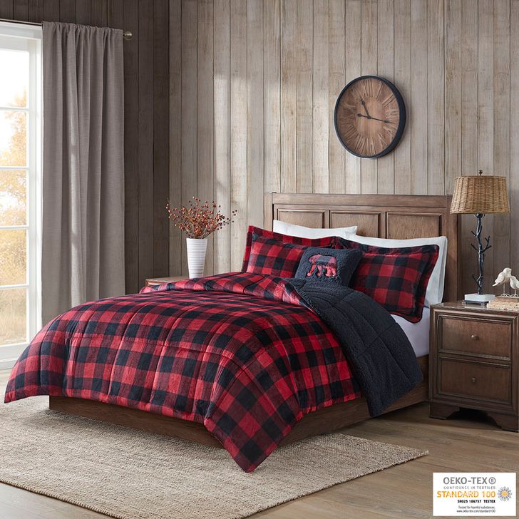 The appearance of Alton Polyester Woolrich Print Low Pile Velour Queen Comforter Set In Red/Black Buffalo Check designed by Olliix in the cabin / lodge interior design. This red/black buffalo check piece of furniture  was selected by 1StopBedrooms from Alton Collection to add a touch of cosiness and style into your home. Sku: WR10-3099. Material: Polyester. Bed Size: Queen. Product Type: Comforter Set. Image1